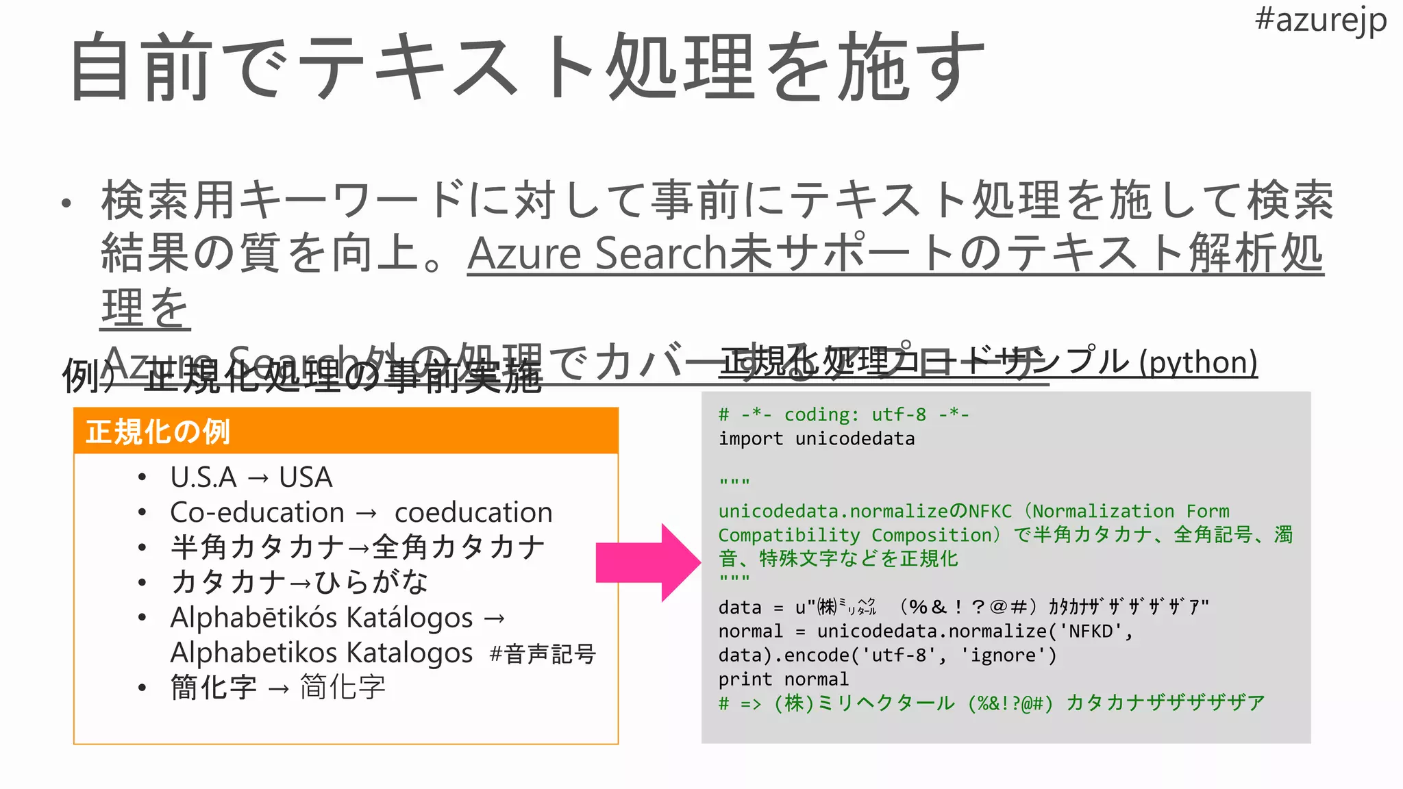 正規化の例
• U.S.A → USA
• Co-education → coeducation
• 半角カタカナ→全角カタカナ
• カタカナ→ひらがな
• Alphabētikós Katálogos →
Alphabetikos Katalogos #音声記号
• 簡化字 → 简化字
# -*- coding: utf-8 -*-
import unicodedata
"""
unicodedata.normalizeのNFKC（Normalization Form
Compatibility Composition）で半角カタカナ、全角記号、濁
音、特殊文字などを正規化
"""
data = u"㈱㍉㌶ （％＆！？＠＃）ｶﾀｶﾅｻﾞｻﾞｻﾞｻﾞｻﾞｱ"
normal = unicodedata.normalize('NFKD',
data).encode('utf-8', 'ignore')
print normal
# => (株)ミリヘクタール (%&!?@#) カタカナザザザザザア
 