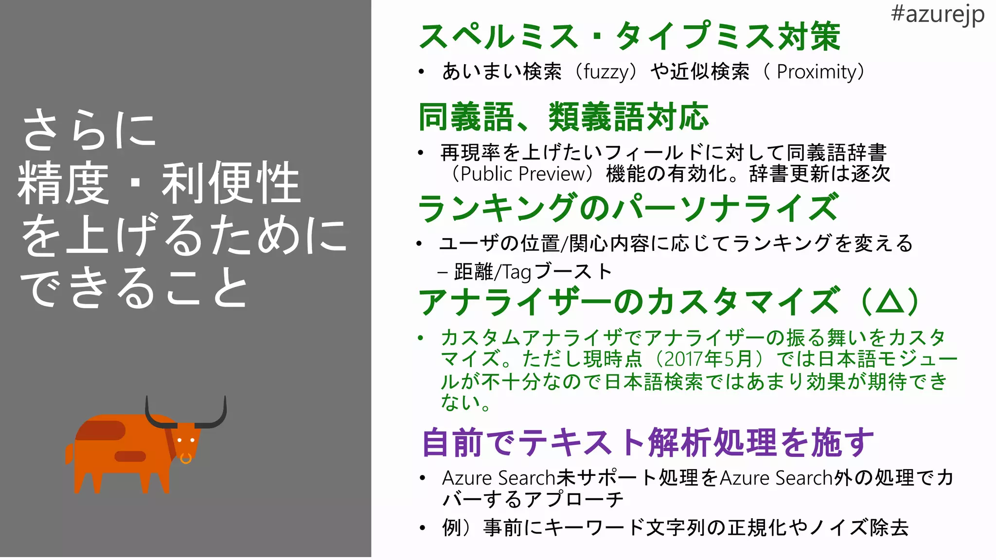 スペルミス・タイプミス対策
• あいまい検索（fuzzy）や近似検索（ Proximity）
ランキングのパーソナライズ
• ユーザの位置/関心内容に応じてランキングを変える
– 距離/Tagブースト
自前でテキスト解析処理を施す
• Azure Search未サポート処理をAzure Search外の処理でカ
バーするアプローチ
• 例）事前にキーワード文字列の正規化やノイズ除去
アナライザーのカスタマイズ（△）
• カスタムアナライザでアナライザーの振る舞いをカスタ
マイズ。ただし現時点（2017年5月）では日本語モジュー
ルが不十分なので日本語検索ではあまり効果が期待でき
ない。
さらに
精度・利便性
を上げるために
できること
同義語、類義語対応
• 再現率を上げたいフィールドに対して同義語辞書
（Public Preview）機能の有効化。辞書更新は逐次
 
