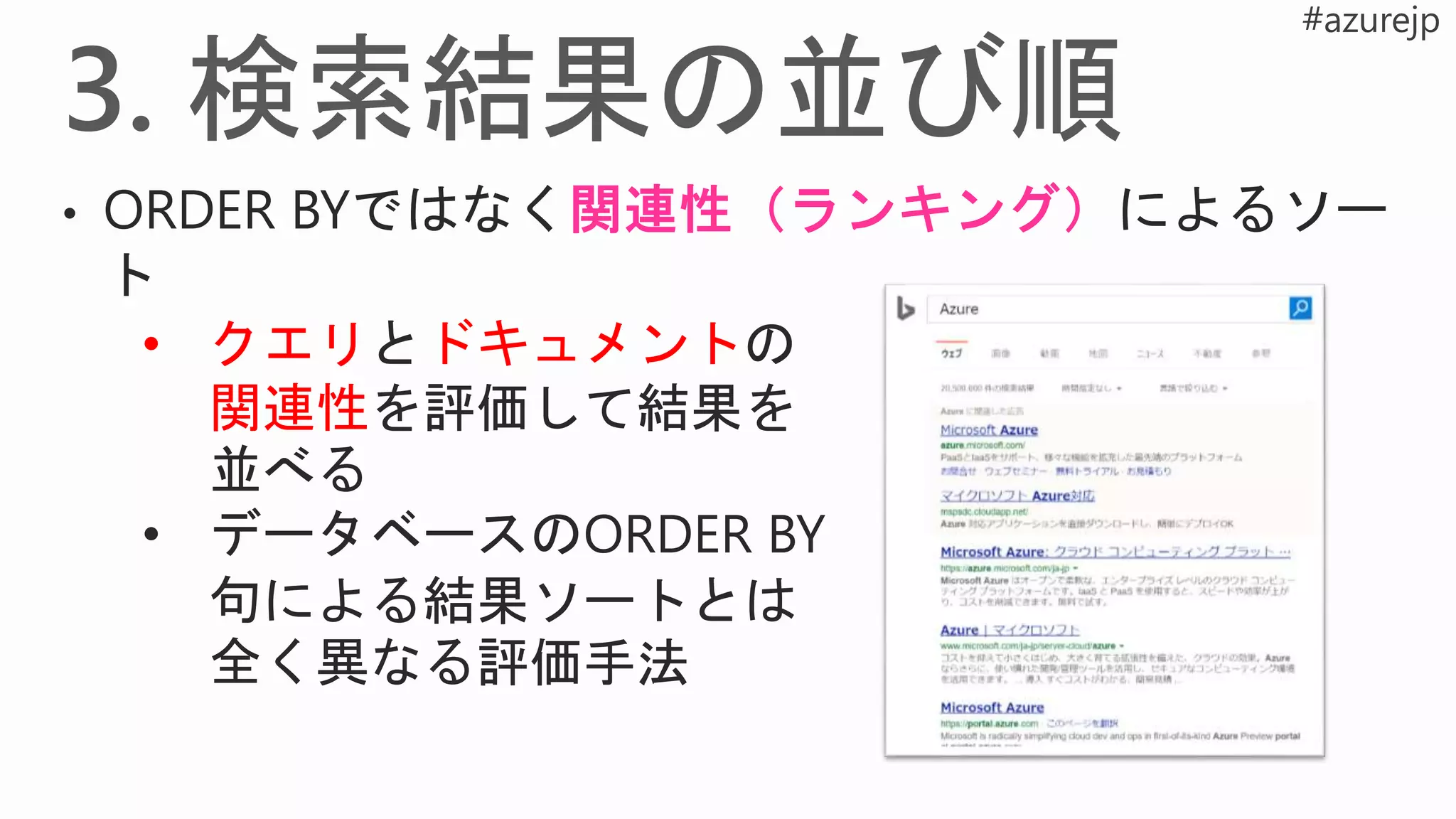 • クエリとドキュメントの
関連性を評価して結果を
並べる
• データベースのORDER BY
句による結果ソートとは
全く異なる評価手法
 