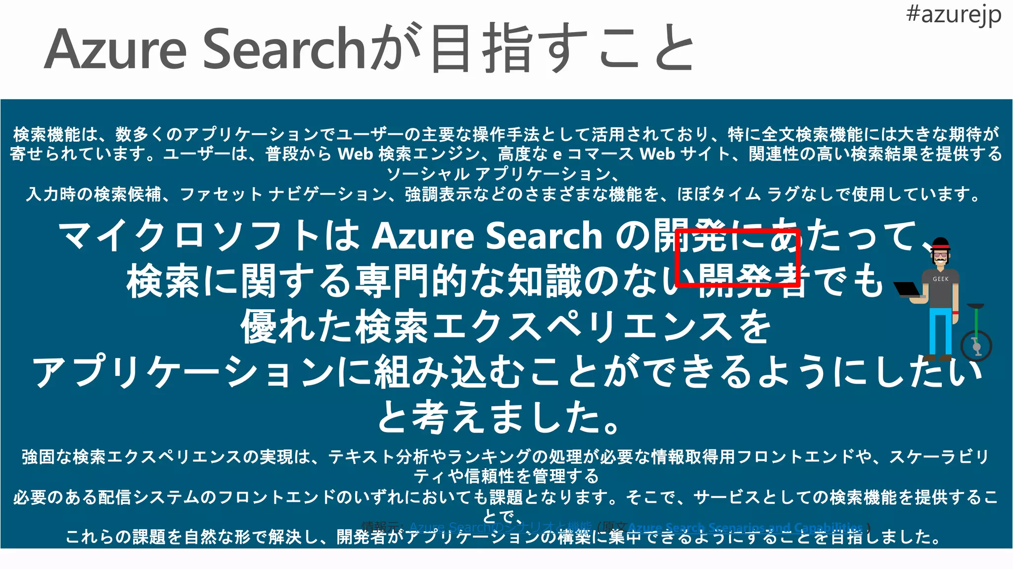 検索機能は、数多くのアプリケーションでユーザーの主要な操作手法として活用されており、特に全文検索機能には大きな期待が
寄せられています。ユーザーは、普段から Web 検索エンジン、高度な e コマース Web サイト、関連性の高い検索結果を提供する
ソーシャル アプリケーション、
入力時の検索候補、ファセット ナビゲーション、強調表示などのさまざまな機能を、ほぼタイム ラグなしで使用しています。
マイクロソフトは Azure Search の開発にあたって、
検索に関する専門的な知識のない開発者でも
優れた検索エクスペリエンスを
アプリケーションに組み込むことができるようにしたい
と考えました。
強固な検索エクスペリエンスの実現は、テキスト分析やランキングの処理が必要な情報取得用フロントエンドや、スケーラビリ
ティや信頼性を管理する
必要のある配信システムのフロントエンドのいずれにおいても課題となります。そこで、サービスとしての検索機能を提供するこ
とで、
これらの課題を自然な形で解決し、開発者がアプリケーションの構築に集中できるようにすることを目指しました。
Azure Searchのシナリオと機能 Azure Search Scenarios and Capabilities )
 