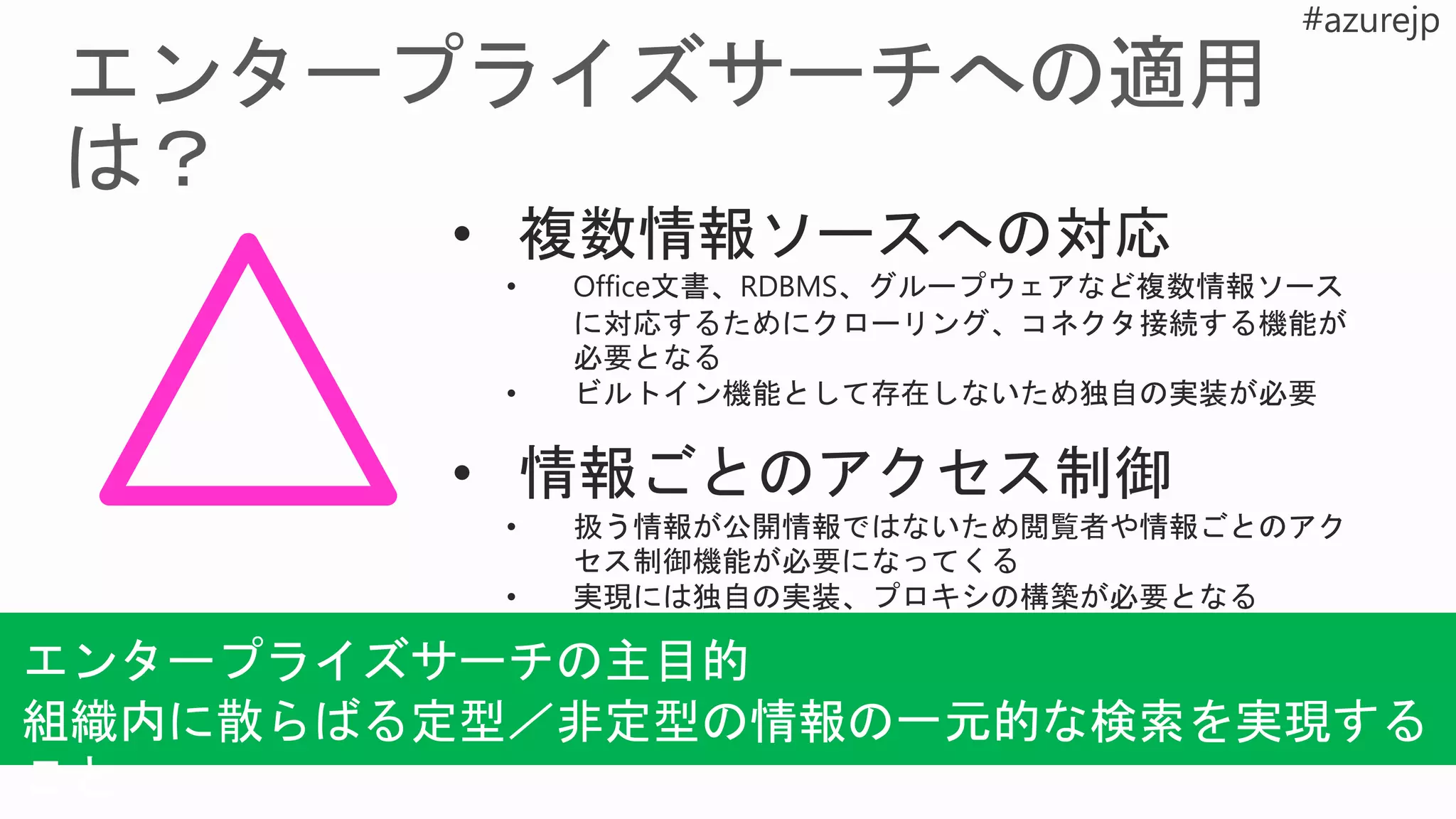 • 複数情報ソースへの対応
• Office文書、RDBMS、グループウェアなど複数情報ソース
に対応するためにクローリング、コネクタ接続する機能が
必要となる
• ビルトイン機能として存在しないため独自の実装が必要
• 情報ごとのアクセス制御
• 扱う情報が公開情報ではないため閲覧者や情報ごとのアク
セス制御機能が必要になってくる
• 実現には独自の実装、プロキシの構築が必要となる
エンタープライズサーチの主目的
組織内に散らばる定型／非定型の情報の一元的な検索を実現する
こと
 