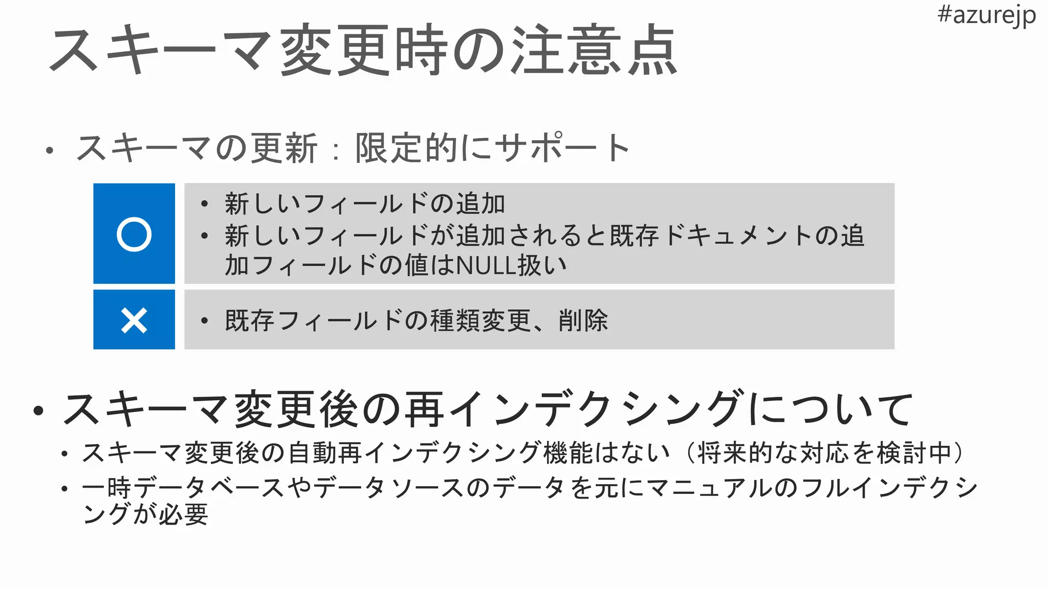 〇
✖
• 新しいフィールドの追加
• 新しいフィールドが追加されると既存ドキュメントの追
加フィールドの値はNULL扱い
• 既存フィールドの種類変更、削除
 