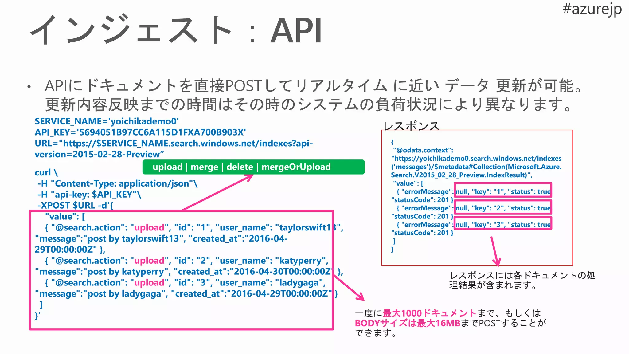 SERVICE_NAME='yoichikademo0'
API_KEY='5694051B97CC6A115D1FXA700B903X'
URL="https://$SERVICE_NAME.search.windows.net/indexes?api-
version=2015-02-28-Preview”
curl 
-H "Content-Type: application/json"
-H "api-key: $API_KEY"
-XPOST $URL -d'{
"value": [
{ "@search.action": "upload", "id": "1", "user_name": "taylorswift13",
"message":"post by taylorswift13", "created_at":"2016-04-
29T00:00:00Z" },
{ "@search.action": "upload", "id": "2", "user_name": "katyperry",
"message":"post by katyperry", "created_at":"2016-04-30T00:00:00Z" },
{ "@search.action": "upload", "id": "3", "user_name": "ladygaga",
"message":"post by ladygaga", "created_at":"2016-04-29T00:00:00Z" }
]
}' 最大1000ドキュメント
BODYサイズは最大16MB
{
"@odata.context":
"https://yoichikademo0.search.windows.net/indexes
('messages')/$metadata#Collection(Microsoft.Azure.
Search.V2015_02_28_Preview.IndexResult)",
"value": [
{ "errorMessage": null, "key": "1", "status": true,
"statusCode": 201 },
{ "errorMessage": null, "key": "2", "status": true,
"statusCode": 201 },
{ "errorMessage": null, "key": "3", "status": true,
"statusCode": 201 }
]
}
 