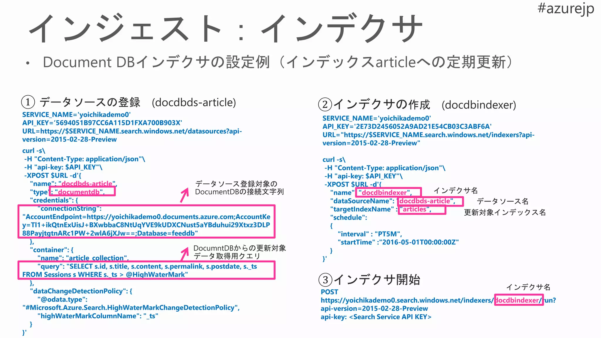 SERVICE_NAME='yoichikademo0'
API_KEY=‘5694051B97CC6A115D1FXA700B903X'
URL=https://$SERVICE_NAME.search.windows.net/datasources?api-
version=2015-02-28-Preview
curl -s
-H "Content-Type: application/json"
-H "api-key: $API_KEY"
-XPOST $URL -d'{
"name": "docdbds-article",
"type": "documentdb",
"credentials": {
"connectionString":
"AccountEndpoint=https://yoichikademo0.documents.azure.com;AccountKe
y=Tl1+ikQtnExUisJ+BXwbbaC8NtUqYVE9kUDXCNust5aYBduhui29Xtxz3DLP
88PayjtgtnARc1PW+2wlA6jXJw==;Database=feeddb"
},
"container": {
"name": "article_collection",
"query": "SELECT s.id, s.title, s.content, s.permalink, s.postdate, s._ts
FROM Sessions s WHERE s._ts > @HighWaterMark"
},
"dataChangeDetectionPolicy": {
"@odata.type":
"#Microsoft.Azure.Search.HighWaterMarkChangeDetectionPolicy",
"highWaterMarkColumnName": "_ts"
}
}'
SERVICE_NAME='yoichikademo0'
API_KEY='2E73D2456052A9AD21E54CB03C3ABF6A'
URL="https://$SERVICE_NAME.search.windows.net/indexers?api-
version=2015-02-28-Preview"
curl -s
-H "Content-Type: application/json"
-H "api-key: $API_KEY"
-XPOST $URL -d'{
"name": "docdbindexer",
"dataSourceName": "docdbds-article",
"targetIndexName" : "articles",
"schedule":
{
"interval" : "PT5M",
"startTime" :"2016-05-01T00:00:00Z"
}
}'
POST
https://yoichikademo0.search.windows.net/indexers/docdbindexer/run?
api-version=2015-02-28-Preview
api-key: <Search Service API KEY>
インデクサ名
データソース名
更新対象インデックス名
インデクサ名
 