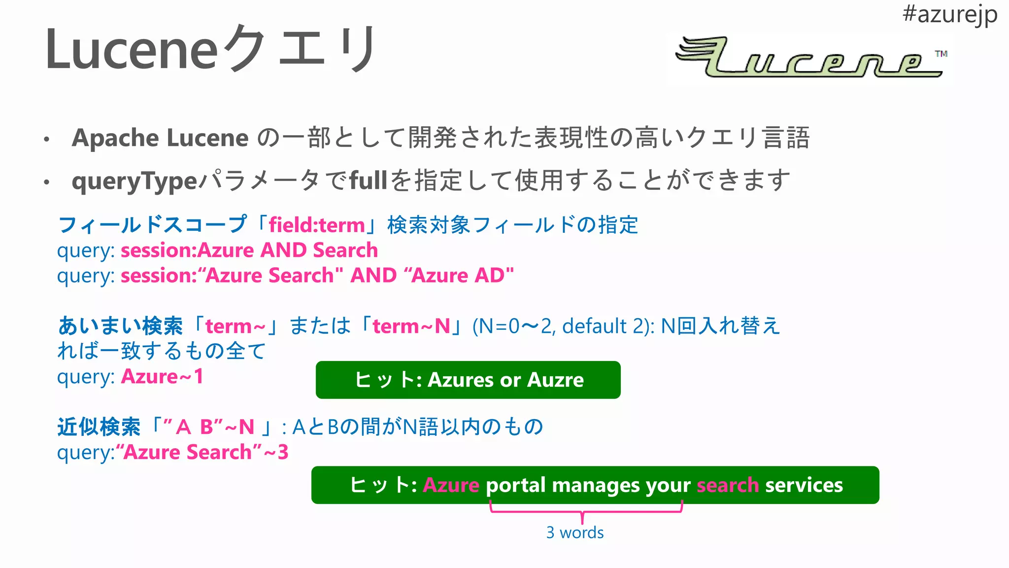 フィールドスコープ「field:term」検索対象フィールドの指定
query: session:Azure AND Search
query: session:“Azure Search" AND “Azure AD"
あいまい検索「term~」または「term~N」(N=0～2, default 2): N回入れ替え
れば一致するもの全て
query: Azure~1
近似検索「”Ａ B”~N 」: AとBの間がN語以内のもの
query:“Azure Search”~3
Azure search
3 words
 