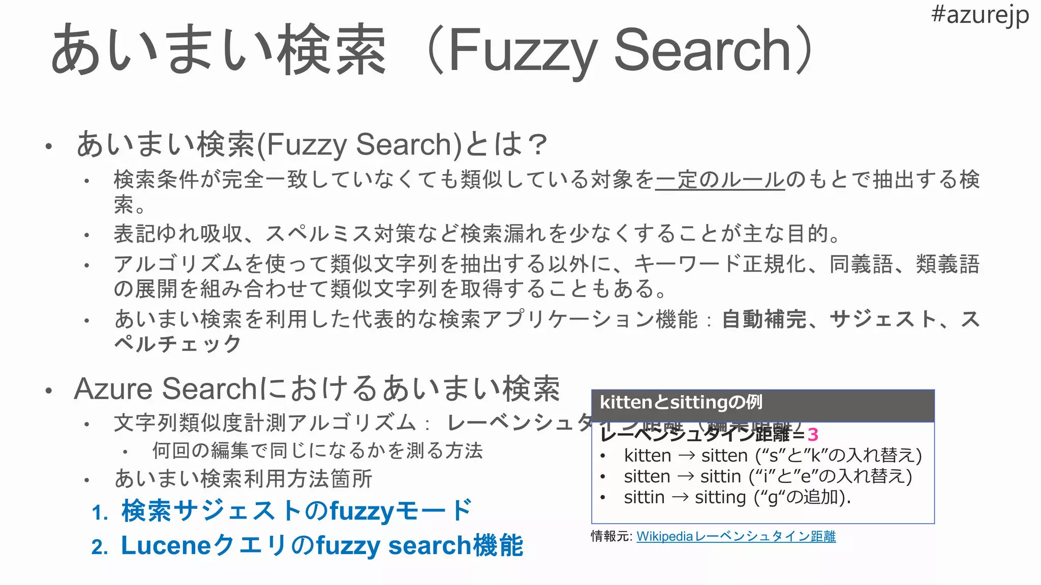 kittenとsittingの例
レーベンシュタイン距離＝3
• kitten → sitten (“s”と”k”の入れ替え)
• sitten → sittin (“i”と”e”の入れ替え)
• sittin → sitting (“g“の追加).
Wikipediaレーベンシュタイン距離
 