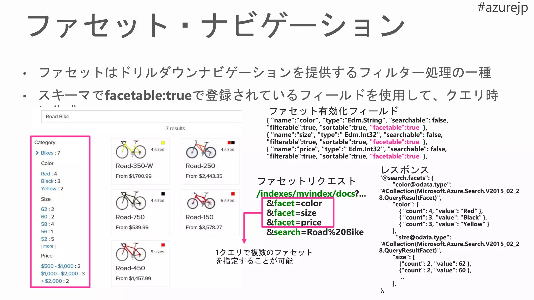 { "name":"color", "type":"Edm.String", "searchable": false,
"filterable":true, "sortable":true, "facetable":true },
{ "name":"size", "type":" Edm.Int32", "searchable": false,
"filterable":true, "sortable":true, "facetable":true },
{ "name":"price", "type":" Edm.Int32", "searchable": false,
"filterable":true, "sortable":true, "facetable":true },
/indexes/myindex/docs
facet
facet
facet
search
"@search.facets": {
"color@odata.type":
"#Collection(Microsoft.Azure.Search.V2015_02_2
8.QueryResultFacet)",
"color": [
{ "count": 4, "value": "Red“ },
{ "count": 3, "value": "Black“ },
{ "count": 3, "value": "Yellow“ }
],
"size@odata.type":
"#Collection(Microsoft.Azure.Search.V2015_02_2
8.QueryResultFacet)",
"size": [
{"count": 2, "value": 62 },
{"count": 2, "value": 60 },
..
],
},
 
