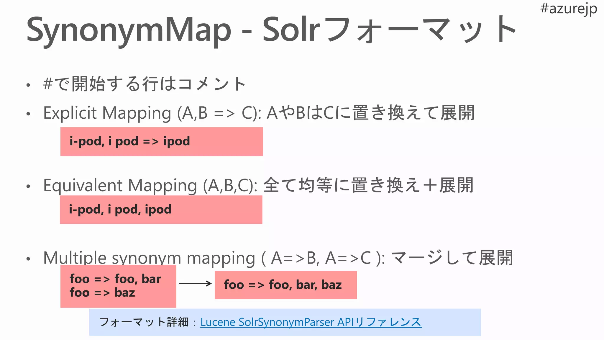 フォーマット詳細：Lucene SolrSynonymParser APIリファレンス
i-pod, i pod => ipod
i-pod, i pod, ipod
foo => foo, bar
foo => baz
foo => foo, bar, baz
 