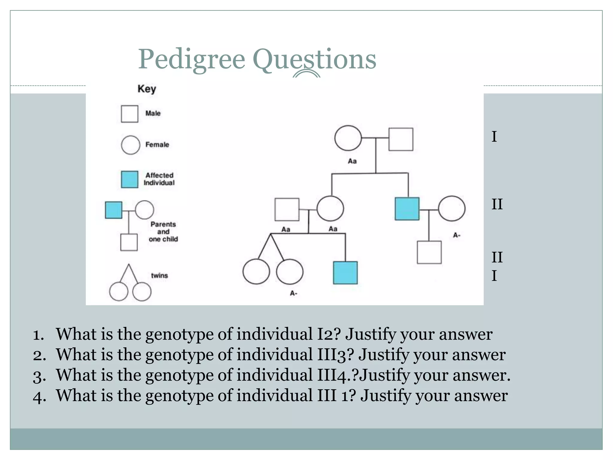 Pedigree Questions
1. What is the genotype of individual I2? Justify your answer
2. What is the genotype of individual III3? Justify your answer
3. What is the genotype of individual III4.?Justify your answer.
4. What is the genotype of individual III 1? Justify your answer
I
II
II
I
 