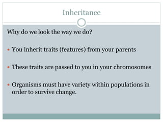 Inheritance
Why do we look the way we do?
 You inherit traits (features) from your parents
 These traits are passed to you in your chromosomes
 Organisms must have variety within populations in
order to survive change.
 