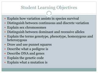 Student Learning Objectives
 Explain how variation assists in species survival
 Distinguish between continuous and discrete variation
 Explain sex chromosomes
 Distinguish between dominant and recessive alleles
 Explain the terms genotype, phenotype, homozygous and
heterozygous
 Draw and use punnet squares
 Describe what a pedigree is
 Describe DNA and genes
 Explain the genetic code
 Explain what a mutation is
 