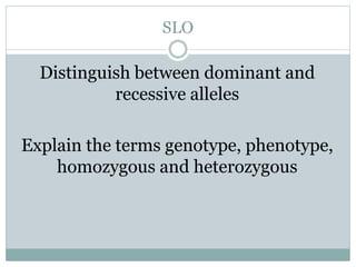 SLO
Distinguish between dominant and
recessive alleles
Explain the terms genotype, phenotype,
homozygous and heterozygous
 