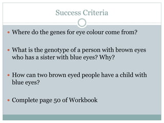 Success Criteria
 Where do the genes for eye colour come from?
 What is the genotype of a person with brown eyes
who has a sister with blue eyes? Why?
 How can two brown eyed people have a child with
blue eyes?
 Complete page 50 of Workbook
 