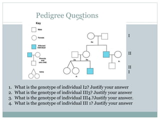 Pedigree Questions
1. What is the genotype of individual I2? Justify your answer
2. What is the genotype of individual III3? Justify your answer
3. What is the genotype of individual III4.?Justify your answer.
4. What is the genotype of individual III 1? Justify your answer
I
II
II
I
 