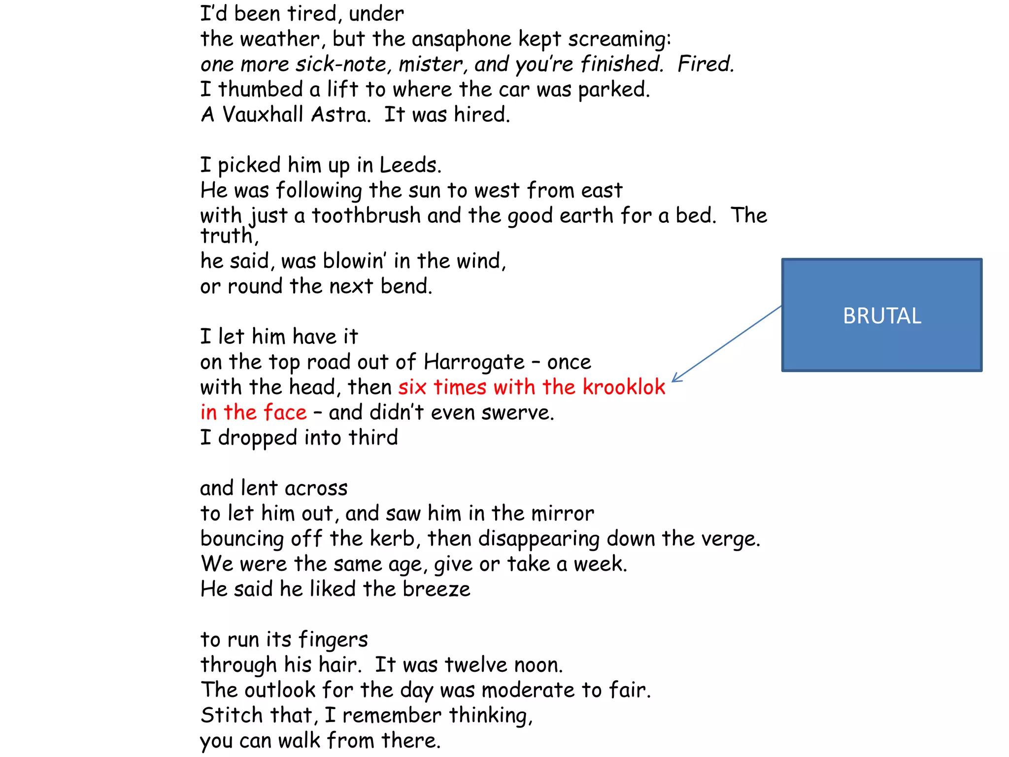 I’d been tired, under
the weather, but the ansaphone kept screaming:
one more sick-note, mister, and you’re finished. Fired.
I thumbed a lift to where the car was parked.
A Vauxhall Astra. It was hired.
I picked him up in Leeds.
He was following the sun to west from east
with just a toothbrush and the good earth for a bed. The
truth,
he said, was blowin’ in the wind,
or round the next bend.
I let him have it
on the top road out of Harrogate – once
with the head, then six times with the krooklok
in the face – and didn’t even swerve.
I dropped into third
and lent across
to let him out, and saw him in the mirror
bouncing off the kerb, then disappearing down the verge.
We were the same age, give or take a week.
He said he liked the breeze
to run its fingers
through his hair. It was twelve noon.
The outlook for the day was moderate to fair.
Stitch that, I remember thinking,
you can walk from there.
BRUTAL
 