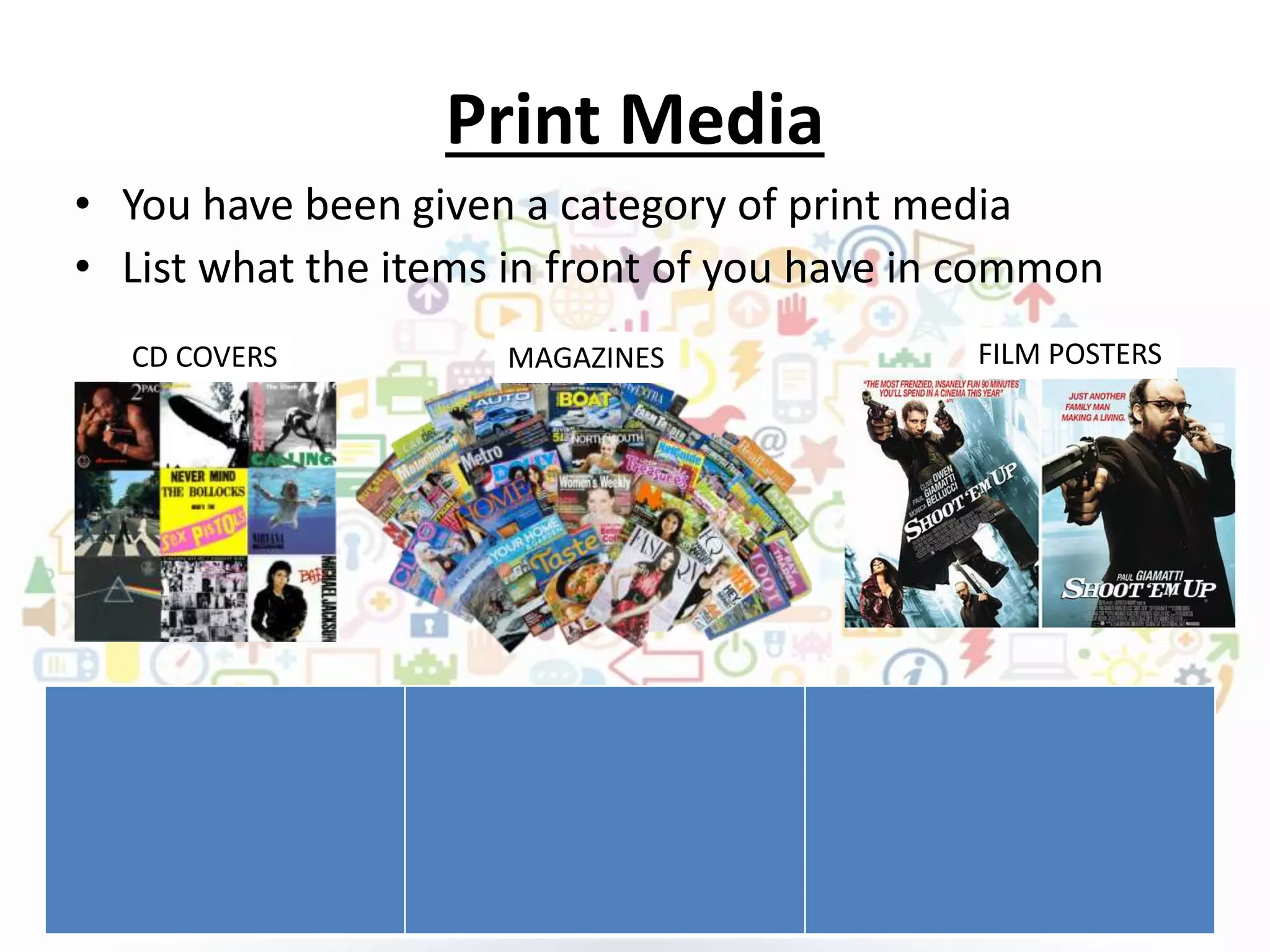 Print Media
• You have been given a category of print media
• List what the items in front of you have in common
CD COVERS MAGAZINES FILM POSTERS