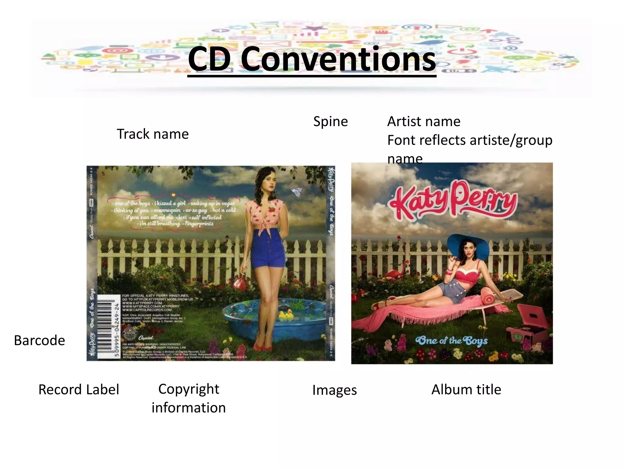 CD Conventions
Artist name
Font reflects artiste/group
name
Album title
Spine
Barcode
Track name
Record Label Copyright Images
information