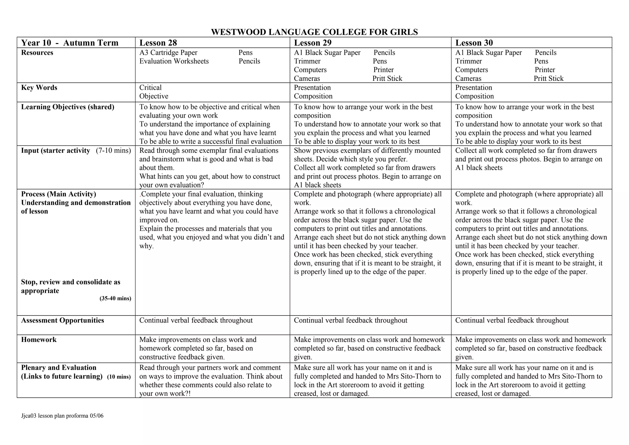 WESTWOOD LANGUAGE COLLEGE FOR GIRLS
Year 10 - Autumn Term Lesson 28 Lesson 29 Lesson 30
Resources A3 Cartridge Paper Pens
Evaluation Worksheets Pencils
A1 Black Sugar Paper Pencils
Trimmer Pens
Computers Printer
Cameras Pritt Stick
A1 Black Sugar Paper Pencils
Trimmer Pens
Computers Printer
Cameras Pritt Stick
Key Words Critical
Objective
Presentation
Composition
Presentation
Composition
Learning Objectives (shared) To know how to be objective and critical when
evaluating your own work
To understand the importance of explaining
what you have done and what you have learnt
To be able to write a successful final evaluation
To know how to arrange your work in the best
composition
To understand how to annotate your work so that
you explain the process and what you learned
To be able to display your work to its best
To know how to arrange your work in the best
composition
To understand how to annotate your work so that
you explain the process and what you learned
To be able to display your work to its best
Input (starter activity (7-10 mins) Read through some exemplar final evaluations
and brainstorm what is good and what is bad
about them.
What hints can you get, about how to construct
your own evaluation?
Show previous exemplars of differently mounted
sheets. Decide which style you prefer.
Collect all work completed so far from drawers
and print out process photos. Begin to arrange on
A1 black sheets
Collect all work completed so far from drawers
and print out process photos. Begin to arrange on
A1 black sheets
Process (Main Activity)
Understanding and demonstration
of lesson
Stop, review and consolidate as
appropriate
(35-40 mins)
.Complete your final evaluation, thinking
objectively about everything you have done,
what you have learnt and what you could have
improved on.
Explain the processes and materials that you
used, what you enjoyed and what you didn’t and
why.
Complete and photograph (where appropriate) all
work.
Arrange work so that it follows a chronological
order across the black sugar paper. Use the
computers to print out titles and annotations.
Arrange each sheet but do not stick anything down
until it has been checked by your teacher.
Once work has been checked, stick everything
down, ensuring that if it is meant to be straight, it
is properly lined up to the edge of the paper.
Complete and photograph (where appropriate) all
work.
Arrange work so that it follows a chronological
order across the black sugar paper. Use the
computers to print out titles and annotations.
Arrange each sheet but do not stick anything down
until it has been checked by your teacher.
Once work has been checked, stick everything
down, ensuring that if it is meant to be straight, it
is properly lined up to the edge of the paper.
Assessment Opportunities Continual verbal feedback throughout Continual verbal feedback throughout Continual verbal feedback throughout
Homework Make improvements on class work and
homework completed so far, based on
constructive feedback given.
Make improvements on class work and homework
completed so far, based on constructive feedback
given.
Make improvements on class work and homework
completed so far, based on constructive feedback
given.
Plenary and Evaluation
(Links to future learning) (10 mins)
Read through your partners work and comment
on ways to improve the evaluation. Think about
whether these comments could also relate to
your own work?!
Make sure all work has your name on it and is
fully completed and handed to Mrs Sito-Thorn to
lock in the Art storeroom to avoid it getting
creased, lost or damaged.
Make sure all work has your name on it and is
fully completed and handed to Mrs Sito-Thorn to
lock in the Art storeroom to avoid it getting
creased, lost or damaged.
Jjca03 lesson plan proforma 05/06
 