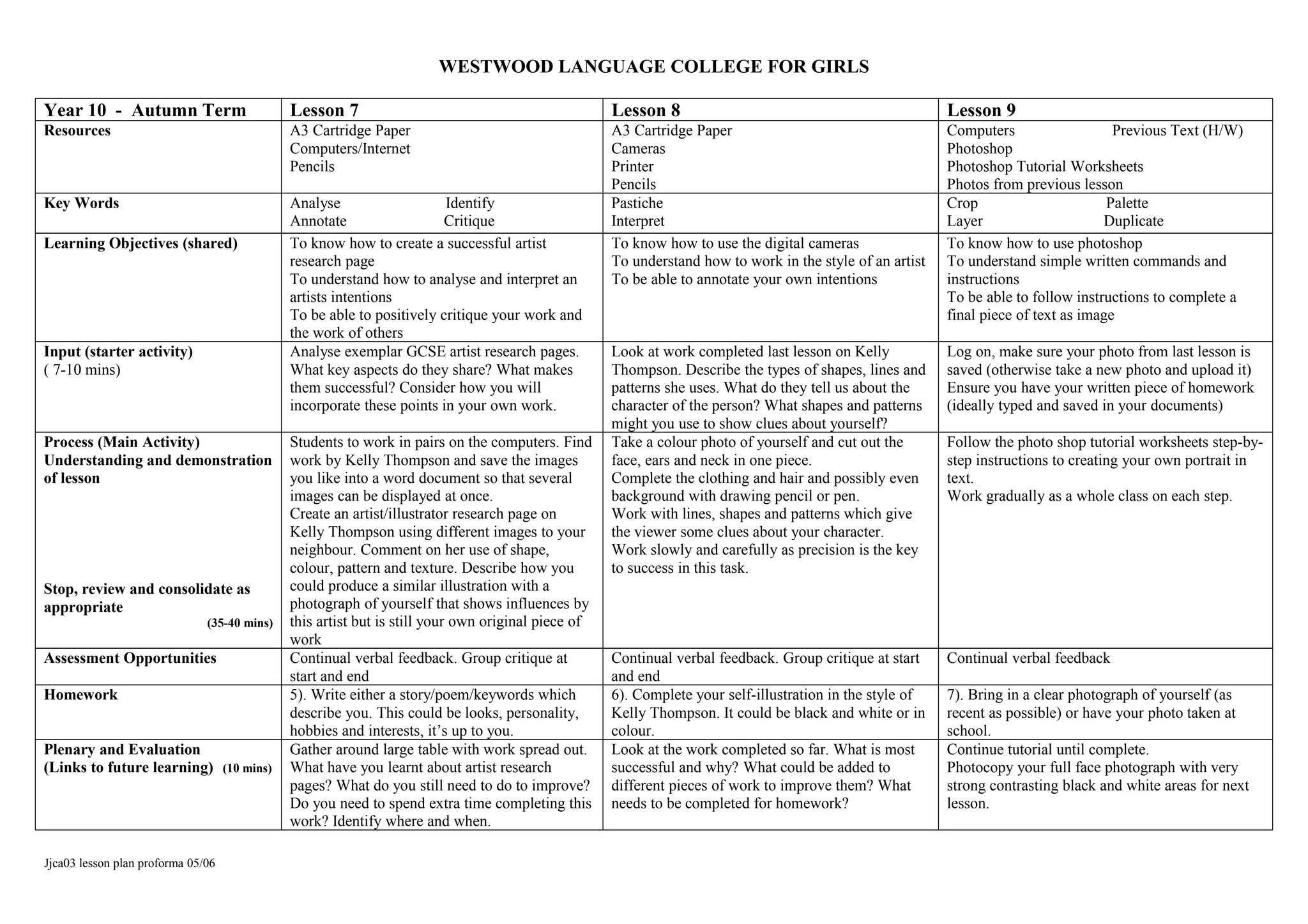 WESTWOOD LANGUAGE COLLEGE FOR GIRLS
Year 10 - Autumn Term Lesson 7 Lesson 8 Lesson 9
Resources A3 Cartridge Paper
Computers/Internet
Pencils
A3 Cartridge Paper
Cameras
Printer
Pencils
Computers Previous Text (H/W)
Photoshop
Photoshop Tutorial Worksheets
Photos from previous lesson
Key Words Analyse Identify
Annotate Critique
Pastiche
Interpret
Crop Palette
Layer Duplicate
Learning Objectives (shared) To know how to create a successful artist
research page
To understand how to analyse and interpret an
artists intentions
To be able to positively critique your work and
the work of others
To know how to use the digital cameras
To understand how to work in the style of an artist
To be able to annotate your own intentions
To know how to use photoshop
To understand simple written commands and
instructions
To be able to follow instructions to complete a
final piece of text as image
Input (starter activity)
( 7-10 mins)
Analyse exemplar GCSE artist research pages.
What key aspects do they share? What makes
them successful? Consider how you will
incorporate these points in your own work.
Look at work completed last lesson on Kelly
Thompson. Describe the types of shapes, lines and
patterns she uses. What do they tell us about the
character of the person? What shapes and patterns
might you use to show clues about yourself?
Log on, make sure your photo from last lesson is
saved (otherwise take a new photo and upload it)
Ensure you have your written piece of homework
(ideally typed and saved in your documents)
Process (Main Activity)
Understanding and demonstration
of lesson
Stop, review and consolidate as
appropriate
(35-40 mins)
Students to work in pairs on the computers. Find
work by Kelly Thompson and save the images
you like into a word document so that several
images can be displayed at once.
Create an artist/illustrator research page on
Kelly Thompson using different images to your
neighbour. Comment on her use of shape,
colour, pattern and texture. Describe how you
could produce a similar illustration with a
photograph of yourself that shows influences by
this artist but is still your own original piece of
work
Take a colour photo of yourself and cut out the
face, ears and neck in one piece.
Complete the clothing and hair and possibly even
background with drawing pencil or pen.
Work with lines, shapes and patterns which give
the viewer some clues about your character.
Work slowly and carefully as precision is the key
to success in this task.
Follow the photo shop tutorial worksheets step-by-
step instructions to creating your own portrait in
text.
Work gradually as a whole class on each step.
Assessment Opportunities Continual verbal feedback. Group critique at
start and end
Continual verbal feedback. Group critique at start
and end
Continual verbal feedback
Homework 5). Write either a story/poem/keywords which
describe you. This could be looks, personality,
hobbies and interests, it’s up to you.
6). Complete your self-illustration in the style of
Kelly Thompson. It could be black and white or in
colour.
7). Bring in a clear photograph of yourself (as
recent as possible) or have your photo taken at
school.
Plenary and Evaluation
(Links to future learning) (10 mins)
Gather around large table with work spread out.
What have you learnt about artist research
pages? What do you still need to do to improve?
Do you need to spend extra time completing this
work? Identify where and when.
Look at the work completed so far. What is most
successful and why? What could be added to
different pieces of work to improve them? What
needs to be completed for homework?
Continue tutorial until complete.
Photocopy your full face photograph with very
strong contrasting black and white areas for next
lesson.
Jjca03 lesson plan proforma 05/06
 