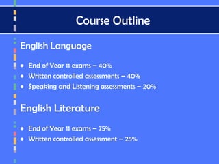 Course Outline
English Language
• End of Year 11 exams – 40%
• Written controlled assessments – 40%
• Speaking and Listening assessments – 20%
English Literature
• End of Year 11 exams – 75%
• Written controlled assessment – 25%
 