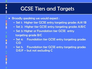 GCSE Tiers and Targets
• Broadly speaking we would expect :
– Set 1: Higher tier GCSE entry targeting grades A/A*/B
– Set 2: Higher tier GCSE entry targeting grades A/B/C
– Set 3: Higher or Foundation tier GCSE entry
targeting grade B/C
– Set 4: Foundation tier GCSE entry targeting grades
C/D
– Set 5: Foundation tier GCSE entry targeting grades
D/E/F – but not excluding C
 