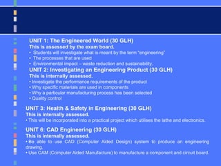 UNIT 3: Health & Safety in Engineering (30 GLH)
This is internally assessed.
• This will be incorporated into a practical project which utilises the lathe and electronics.
UNIT 6: CAD Engineering (30 GLH)
This is internally assessed.
• Be able to use CAD (Computer Aided Design) system to produce an engineering
drawing.
• Use CAM (Computer Aided Manufacture) to manufacture a component and circuit board.
UNIT 1: The Engineered World (30 GLH)
This is assessed by the exam board.
• Students will investigate what is meant by the term “engineering”
• The processes that are used
• Environmental impact – waste reduction and sustainability.
UNIT 2: Investigating an Engineering Product (30 GLH)
This is internally assessed.
• Investigate the performance requirements of the product
• Why specific materials are used in components
• Why a particular manufacturing process has been selected
• Quality control
 