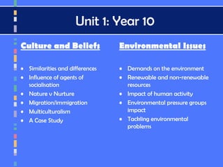Unit 1: Year 10
Culture and Beliefs
• Similarities and differences
• Influence of agents of
socialisation
• Nature v Nurture
• Migration/immigration
• Multiculturalism
• A Case Study
Environmental Issues
• Demands on the environment
• Renewable and non-renewable
resources
• Impact of human activity
• Environmental pressure groups
impact
• Tackling environmental
problems
 