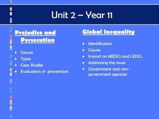 Unit 2 – Year 11
Prejudice and
Persecution
• Causes
• Types
• Case Studies
• Evaluation of preventions
Global Inequality
• Identification
• Causes
• Impact on MEDCs and LEDCs
• Addressing the issues
• Government and non-
government agencies
 