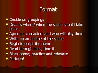 Format: Decide on groupings Discuss where/ when the scene should take place Agree on characters and who will play them Write up an outline of the scene Begin to script the scene Read through lines; time it Block scene; practice and rehearse Perform! 