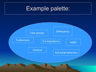 Example palette: I feel strongly However It is important to Delinquency Anti-social behaviour Furthermore  ASBO 