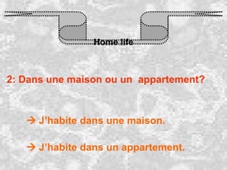 Home life 2: Dans une maison ou un  appartement?    J’habite dans une maison.    J’habite dans un appartement. 