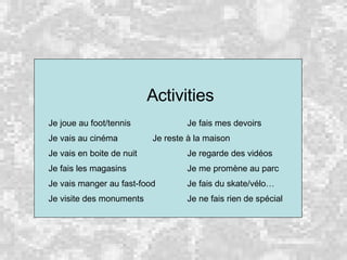 Activities Je joue au foot/tennis Je fais mes devoirs Je vais au cinéma Je reste à la maison Je vais en boite de nuit Je regarde des vidéos Je fais les magasins Je me promène au parc Je vais manger au fast-food Je fais du skate/vélo… Je visite des monuments  Je ne fais rien de spécial 