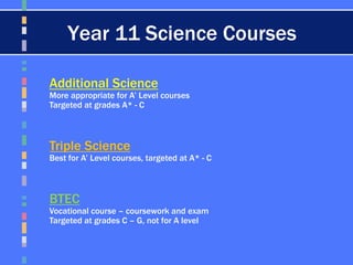 Year 11 Science Courses
Additional Science
More appropriate for A’ Level courses
Targeted at grades A* - C
Triple Science
Best for A’ Level courses, targeted at A* - C
BTEC
Vocational course – coursework and exam
Targeted at grades C – G, not for A level
 