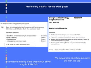 A question relating to the preparation sheet
may look like this
The preparation sheet for the exam
will look like this
Preliminary Material for the exam paper
 