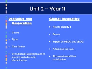 Unit 2 – Year 11
Prejudice and
Persecution
 Causes
• Types
• Case Studies
• Evaluation of strategies used to
prevent prejudice and
discrimination
Global Inequality
• How to identify it
• Causes
• Impact on MEDCs and LEDCs
• Addressing the issues
• Aid agencies and their
contributions
 