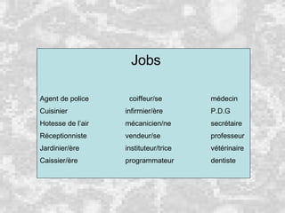 Jobs Agent de police   coiffeur/se médecin Cuisinier infirmier/ère P.D.G Hotesse de l’air mécanicien/ne secrétaire Réceptionniste vendeur/se professeur Jardinier/ère instituteur/trice vétérinaire Caissier/ère programmateur dentiste 