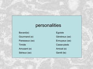 personalities Bavard(e) Egoiste Gourmand (e) Généreux (se) Paresseux (se) Ennuyeux (se) Timide Casse-pieds Amusant (e) Amical (e) Sérieux (se) Gentil (le) 