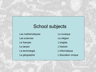 School subjects Les mathématiques La musique Les sciences La religion Le français L’anglais Le dessin L’histoire La technologie L’informatique La géographie L’éducation civique  