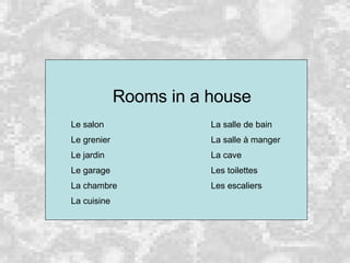Rooms in a house Le salon La salle de bain Le grenier La salle à manger Le jardin La cave Le garage Les toilettes La chambre Les escaliers La cuisine 