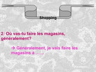 Shopping 2: Où vas-tu faire les magasins, généralement?     Généralement, je vais faire les magasins à …… 