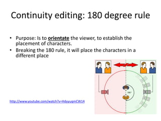 Continuity editing: 180 degree rule
• Purpose: Is to orientate the viewer, to establish the
placement of characters.
• Breaking the 180 rule, it will place the characters in a
different place
http://www.youtube.com/watch?v=HdyyuqmCW14
 