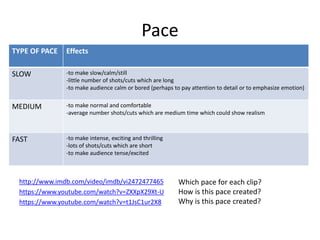 Pace
http://www.imdb.com/video/imdb/vi2472477465
https://www.youtube.com/watch?v=ZXXpX29Xt-U
https://www.youtube.com/watch?v=t1JsC1ur2X8
TYPE OF PACE Effects
SLOW -to make slow/calm/still
-little number of shots/cuts which are long
-to make audience calm or bored (perhaps to pay attention to detail or to emphasize emotion)
MEDIUM -to make normal and comfortable
-average number shots/cuts which are medium time which could show realism
FAST -to make intense, exciting and thrilling
-lots of shots/cuts which are short
-to make audience tense/excited
Which pace for each clip?
How is this pace created?
Why is this pace created?
 