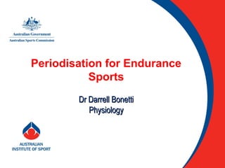Periodisation for Endurance
Sports
Dr Darrell BonettiDr Darrell Bonetti
PhysiologyPhysiology
 