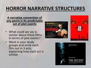 HORROR NARRATIVE STRUCTURES
A narrative convention of
any genre is its predictable
set of plot events
• What could we say is
similar about these films
in terms of plot events?
• Work in your study
groups and write each
film out in 3 acts,
explaining how each act is
similar.
 