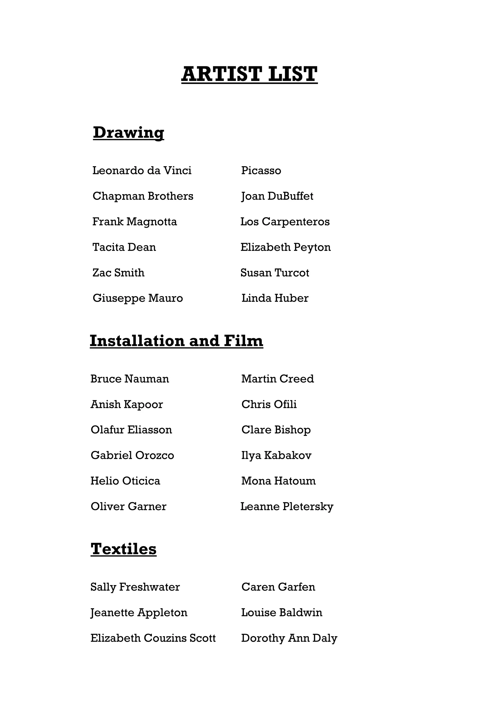 ARTIST LIST

Drawing

Leonardo da Vinci         Picasso

Chapman Brothers          Joan DuBuffet

Frank Magnotta            Los Carpenteros

Tacita Dean               Elizabeth Peyton

Zac Smith                 Susan Turcot

Giuseppe Mauro            Linda Huber


Installation and Film

Bruce Nauman              Martin Creed

Anish Kapoor              Chris Ofili

Olafur Eliasson           Clare Bishop

Gabriel Orozco            Ilya Kabakov

Helio Oticica             Mona Hatoum

Oliver Garner             Leanne Pletersky


Textiles

Sally Freshwater          Caren Garfen

Jeanette Appleton         Louise Baldwin

Elizabeth Couzins Scott   Dorothy Ann Daly
 
