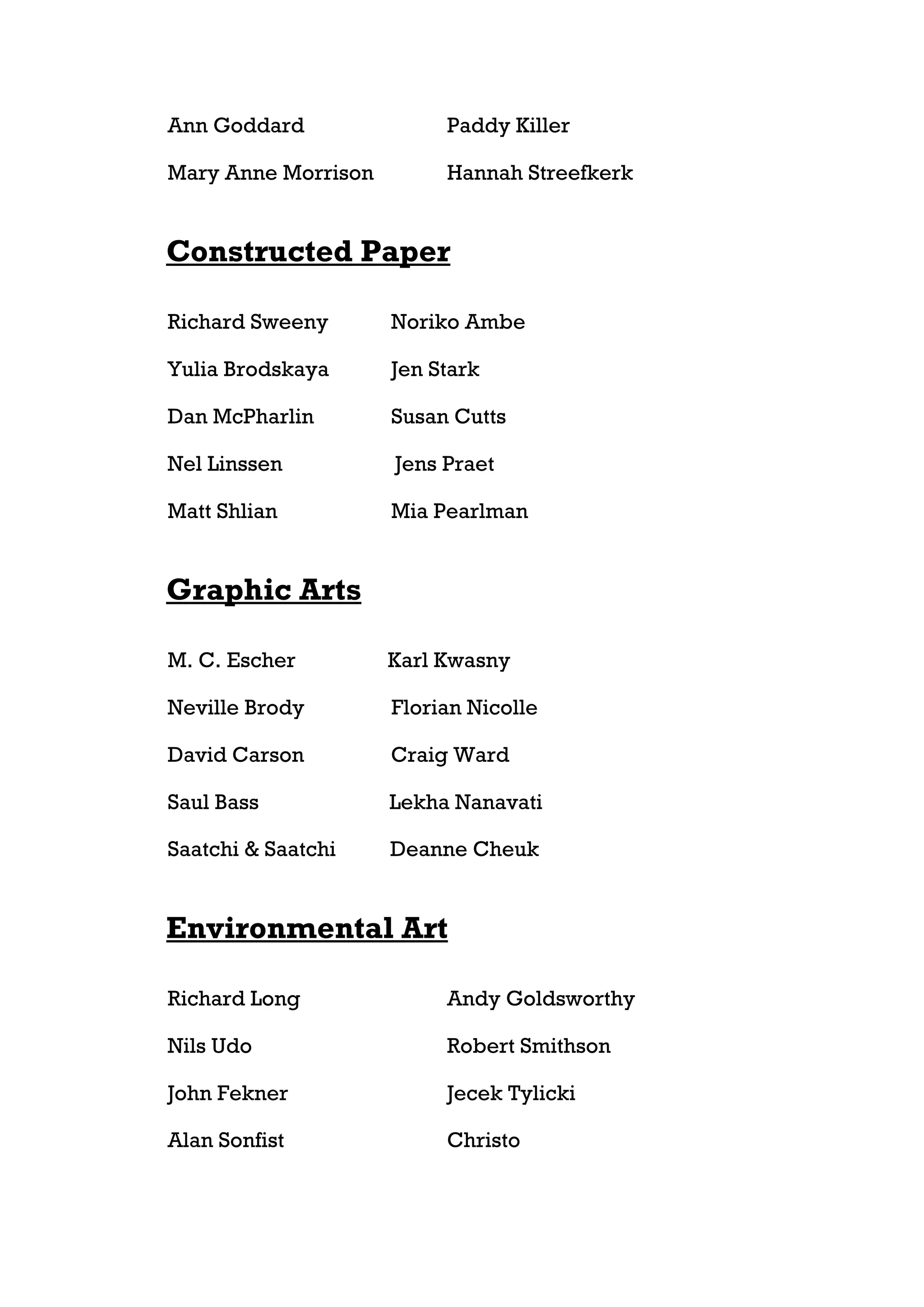 Ann Goddard               Paddy Killer

Mary Anne Morrison        Hannah Streefkerk


Constructed Paper

Richard Sweeny       Noriko Ambe

Yulia Brodskaya      Jen Stark

Dan McPharlin        Susan Cutts

Nel Linssen          Jens Praet

Matt Shlian          Mia Pearlman


Graphic Arts

M. C. Escher         Karl Kwasny

Neville Brody        Florian Nicolle

David Carson         Craig Ward

Saul Bass            Lekha Nanavati

Saatchi & Saatchi    Deanne Cheuk


Environmental Art

Richard Long              Andy Goldsworthy

Nils Udo                  Robert Smithson

John Fekner               Jecek Tylicki

Alan Sonfist              Christo
 