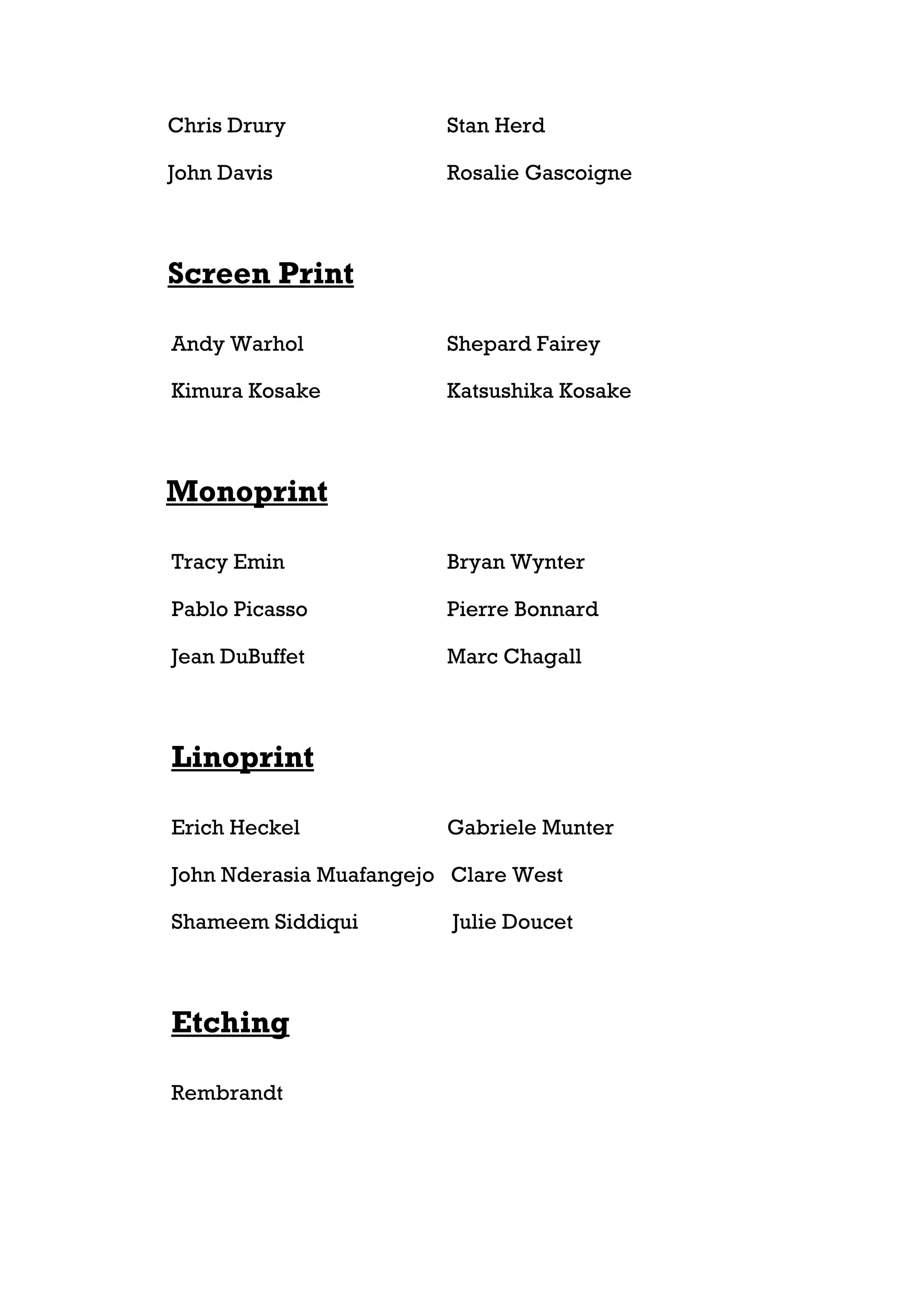 Chris Drury             Stan Herd

John Davis              Rosalie Gascoigne



Screen Print

Andy Warhol             Shepard Fairey

Kimura Kosake           Katsushika Kosake



Monoprint

Tracy Emin              Bryan Wynter

Pablo Picasso           Pierre Bonnard

Jean DuBuffet           Marc Chagall



Linoprint

Erich Heckel            Gabriele Munter

John Nderasia Muafangejo Clare West

Shameem Siddiqui         Julie Doucet



Etching

Rembrandt
 