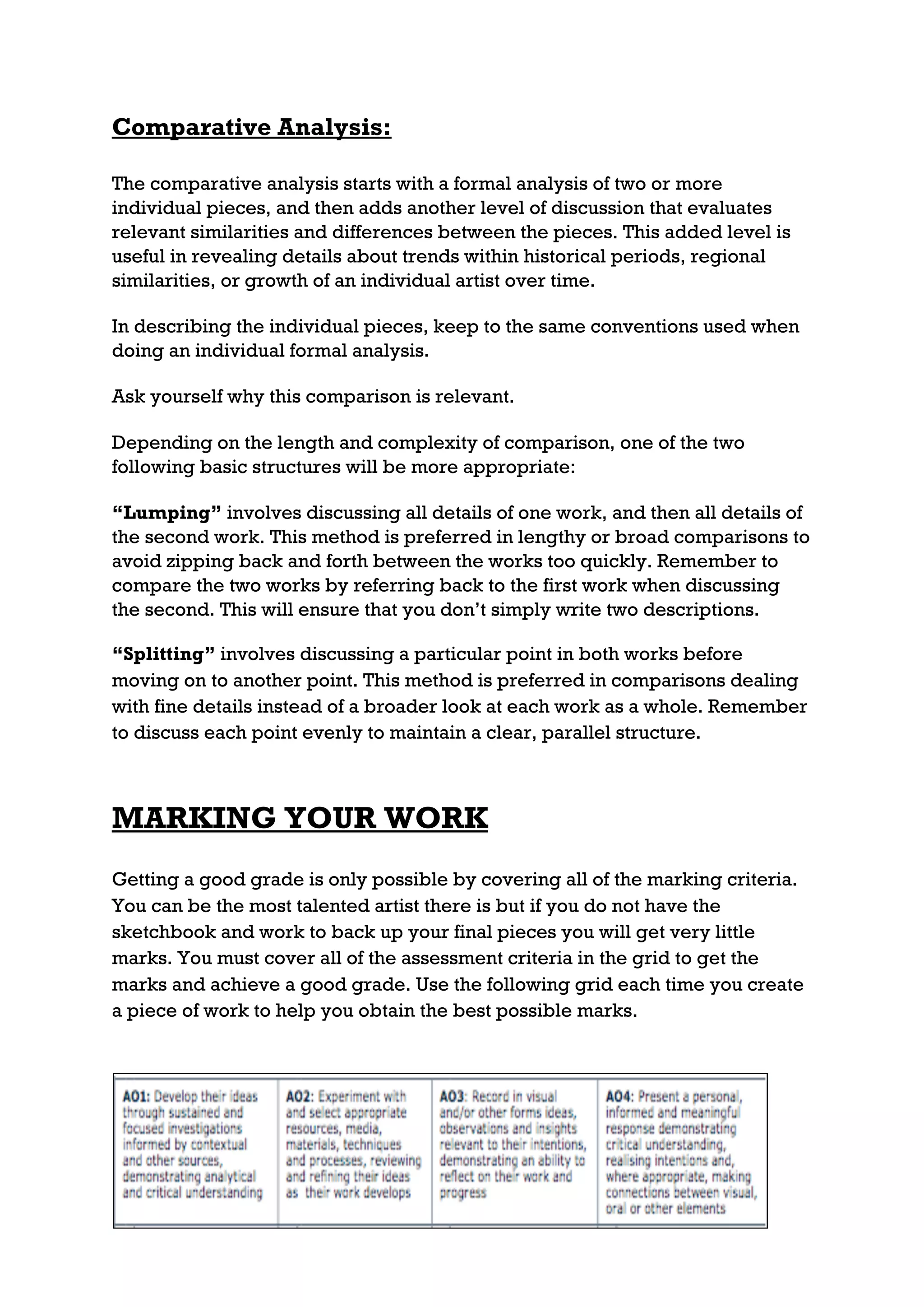 Comparative Analysis:

The comparative analysis starts with a formal analysis of two or more
individual pieces, and then adds another level of discussion that evaluates
relevant similarities and differences between the pieces. This added level is
useful in revealing details about trends within historical periods, regional
similarities, or growth of an individual artist over time.

In describing the individual pieces, keep to the same conventions used when
doing an individual formal analysis.

Ask yourself why this comparison is relevant.

Depending on the length and complexity of comparison, one of the two
following basic structures will be more appropriate:

“Lumping” involves discussing all details of one work, and then all details of
the second work. This method is preferred in lengthy or broad comparisons to
avoid zipping back and forth between the works too quickly. Remember to
compare the two works by referring back to the first work when discussing
the second. This will ensure that you don’t simply write two descriptions.

“Splitting” involves discussing a particular point in both works before
moving on to another point. This method is preferred in comparisons dealing
with fine details instead of a broader look at each work as a whole. Remember
to discuss each point evenly to maintain a clear, parallel structure.



MARKING YOUR WORK
Getting a good grade is only possible by covering all of the marking criteria.
You can be the most talented artist there is but if you do not have the
sketchbook and work to back up your final pieces you will get very little
marks. You must cover all of the assessment criteria in the grid to get the
marks and achieve a good grade. Use the following grid each time you create
a piece of work to help you obtain the best possible marks.
 