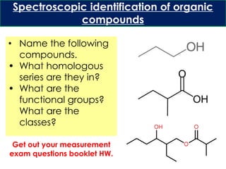 Spectroscopic identification of organic
compounds
• Name the following
compounds.
• What homologous
series are they in?
• What are the
functional groups?
What are the
classes?
Get out your measurement
exam questions booklet HW.
 