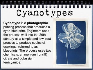 Cyanotype is a photographic
printing process that produces a
cyan-blue print. Engineers used
the process well into the 20th
century as a simple and low-cost
process to produce copies of
drawings, referred to as
blueprints. The process uses two
chemicals: ammonium iron(III)
citrate and potassium
ferricyanide.
 